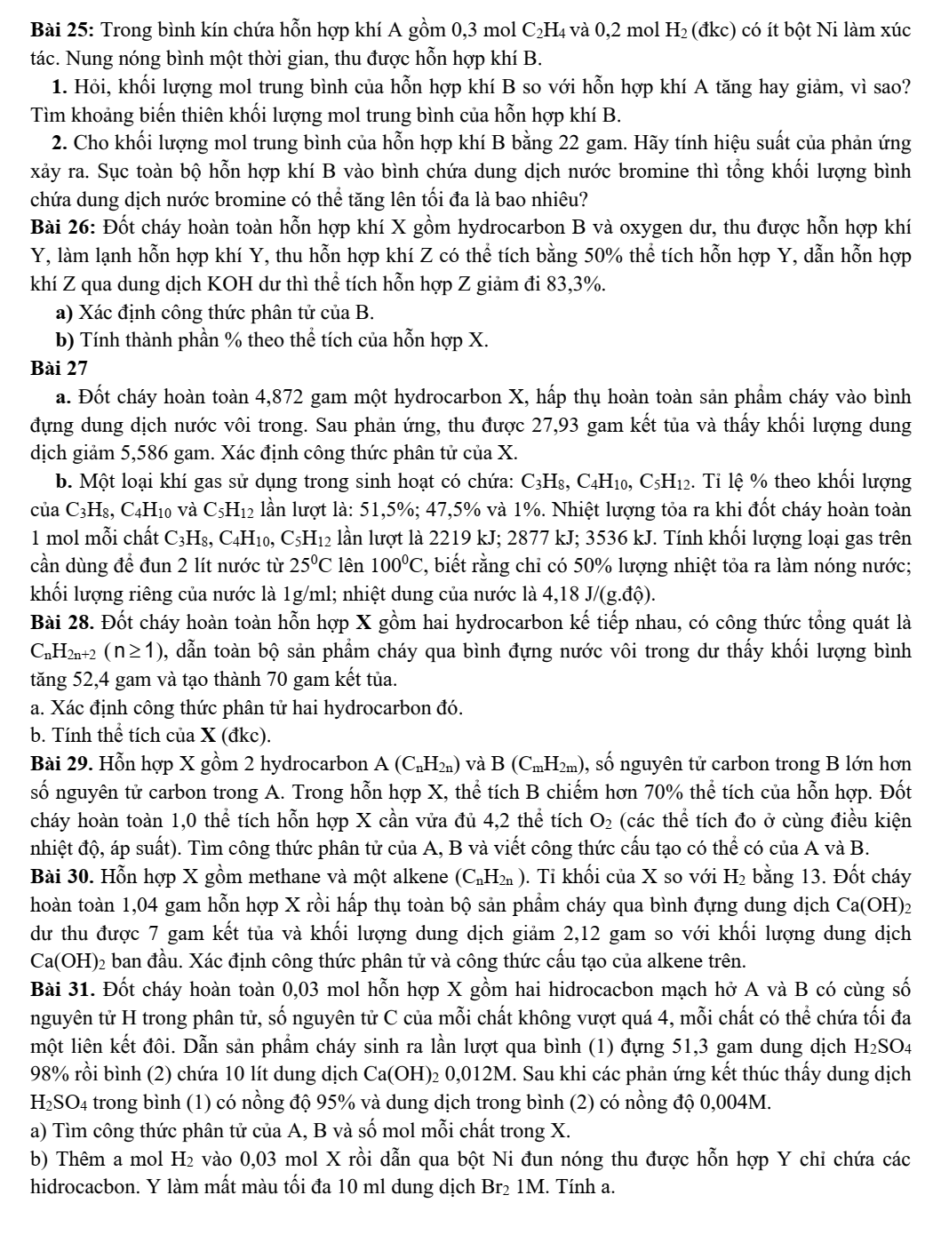 Chuyên đề bồi dưỡng HSG Hóa học 9 Bài tập tổng hợp về hydrocarbon (có lời giải)