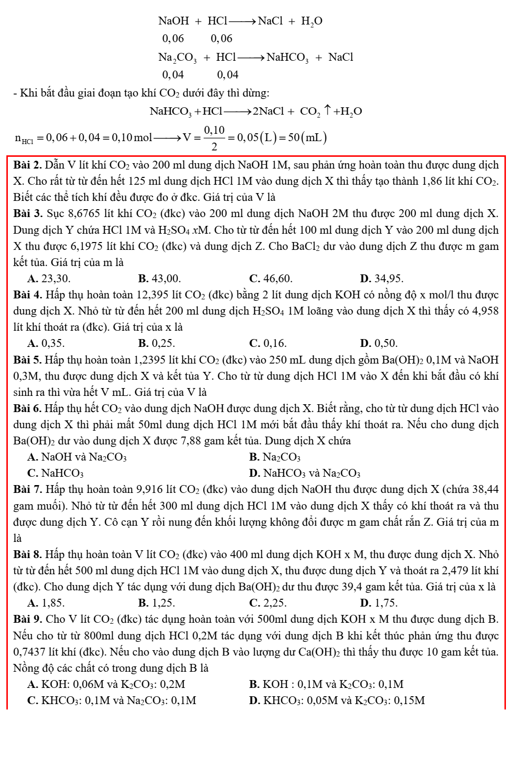 Chuyên đề bồi dưỡng HSG Hóa học 9 Bài toán CO2 tác dụng với dung dịch base và muối carbonate (có lời giải)