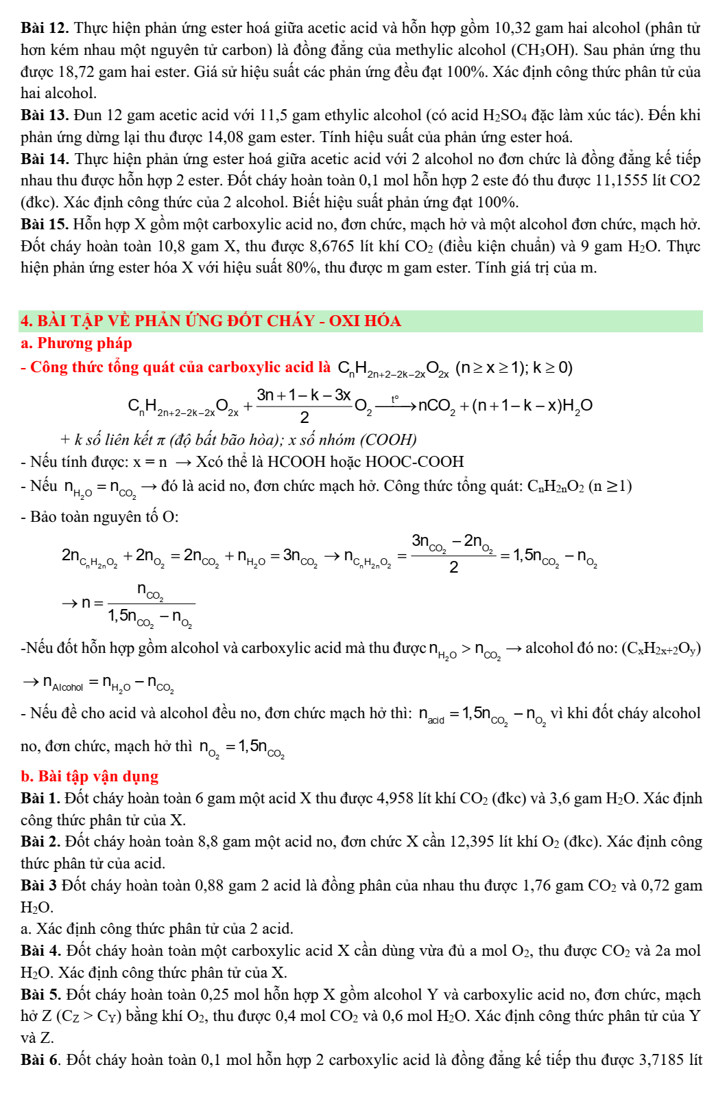 Chuyên đề bồi dưỡng HSG Hóa học 9 Carboxylic acid (có lời giải)