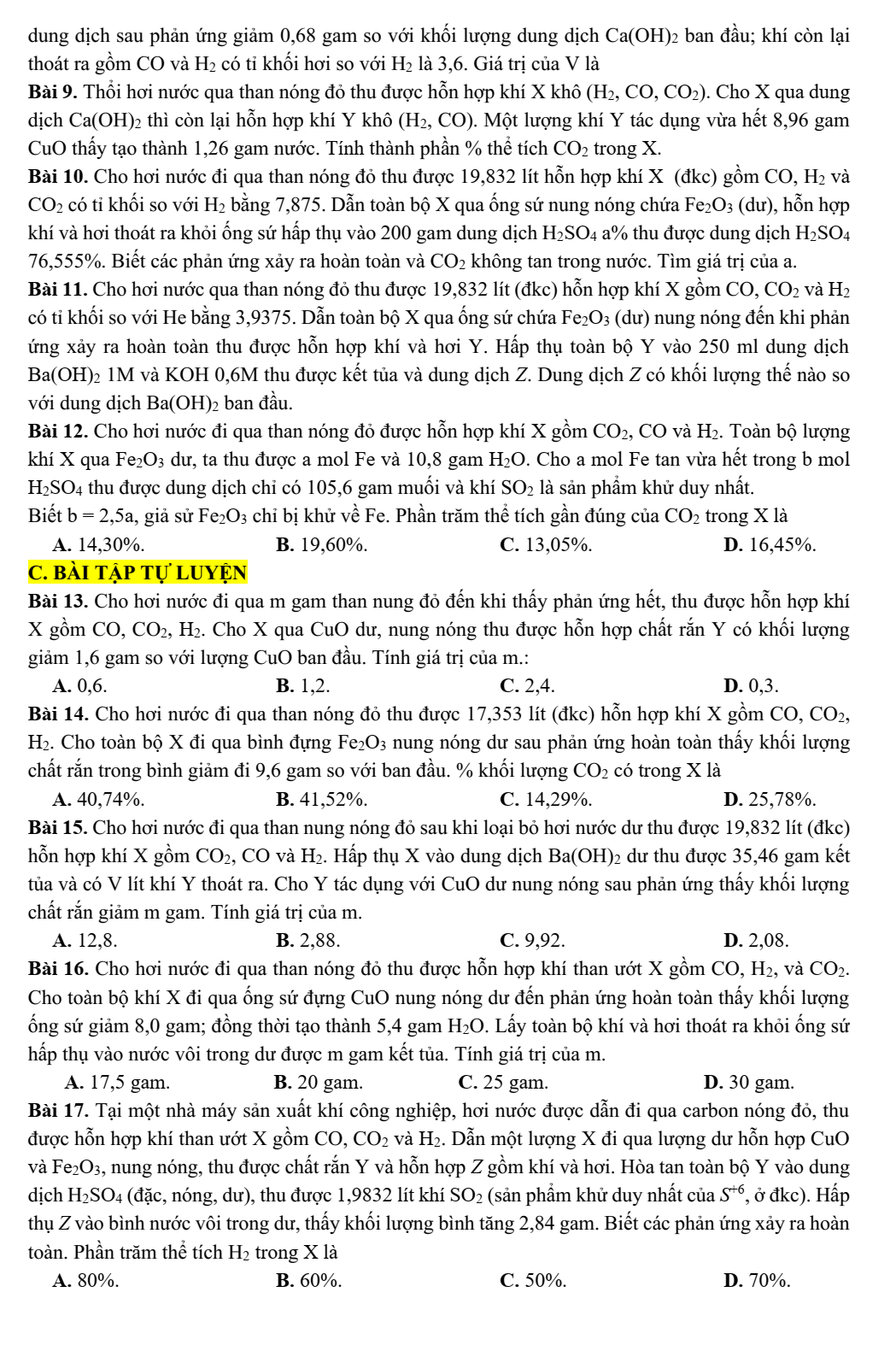 Chuyên đề bồi dưỡng HSG Hóa học 9 CO2, H2O + than nóng đỏ (có lời giải)