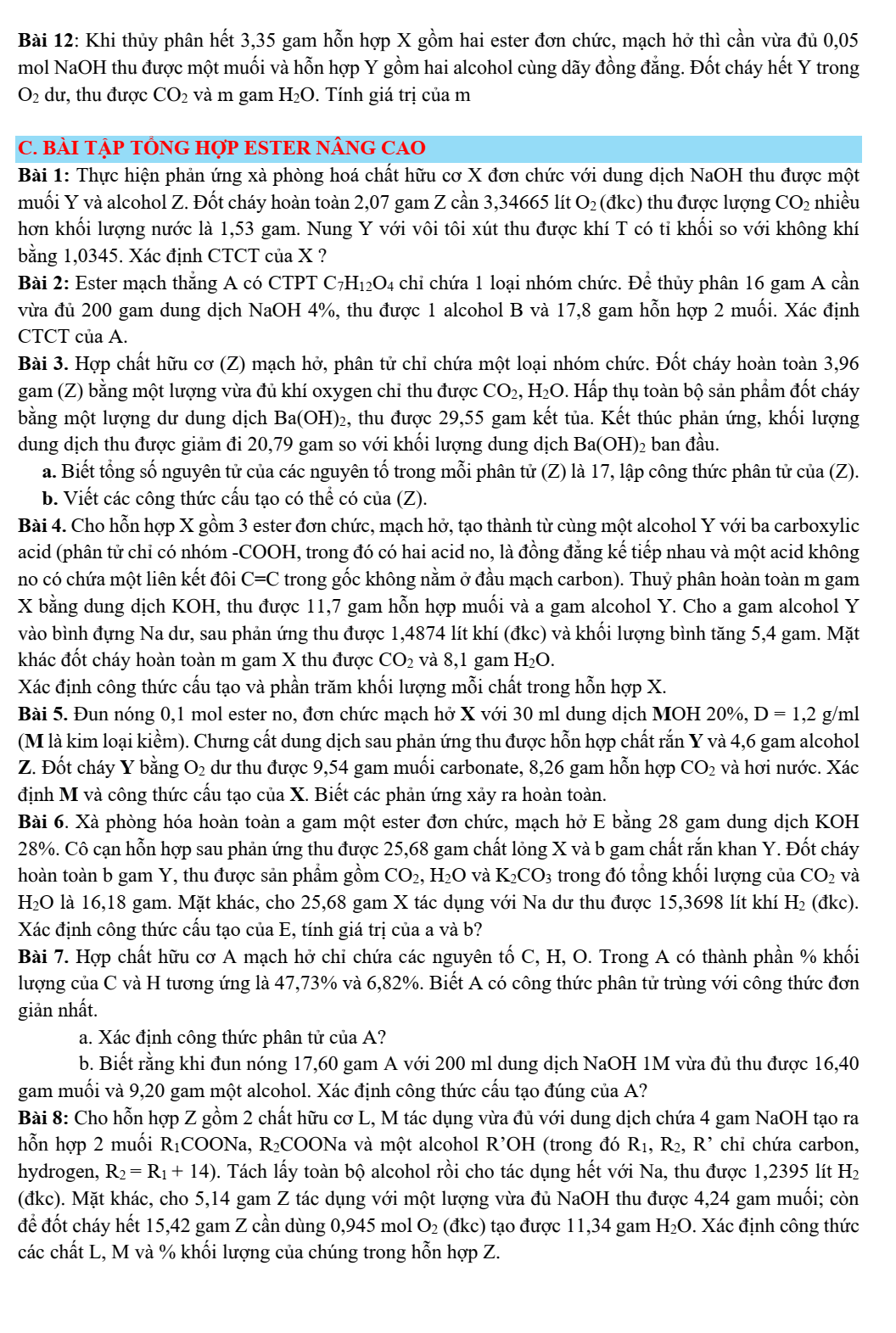 Chuyên đề bồi dưỡng HSG Hóa học 9 Ester (có lời giải)