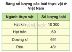 Dựa vào số liệu bảng bên, hãy nhận xét về số lượng loài của mỗi ngành thực vật