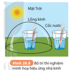 Tại sao trong thí nghiệm Hình 28.8, nhiệt độ của cốc nước đặt trong lồng kính 