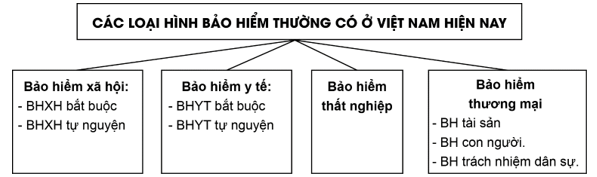 Dựa vào các nội dung trên, em hãy vẽ sơ đồ về các loại hình bảo hiểm thường có ở Việt Nam hiện nay