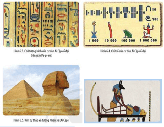 Đọc thông tin, tư liệu và quan sát các hình 6.3 đến 6.6 hãy: Cho biết nền văn minh Ai Cập cổ đại đã đạt được những thành tựu chủ yếu nào?