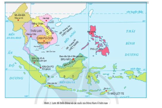 Đọc thông tin và quan sát Hình 2 xác định vị trí của Biển Đông trên lược đồ