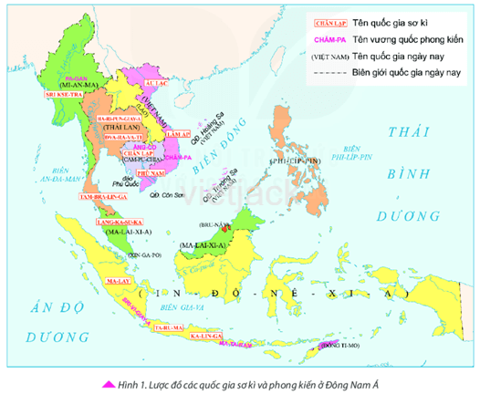Hãy chỉ và kể tên một số quốc gia sơ kì ở Đông Nam Á trên lược đồ hình 1 (tr.53)