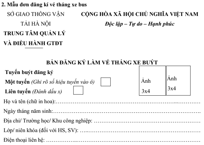 Đơn đăng ký vé tháng xe bus năm 2025 (mới nhất)