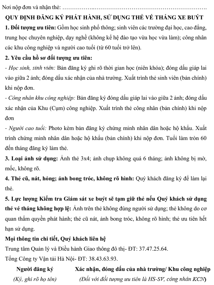 Đơn đăng ký vé tháng xe bus năm 2025 (mới nhất)