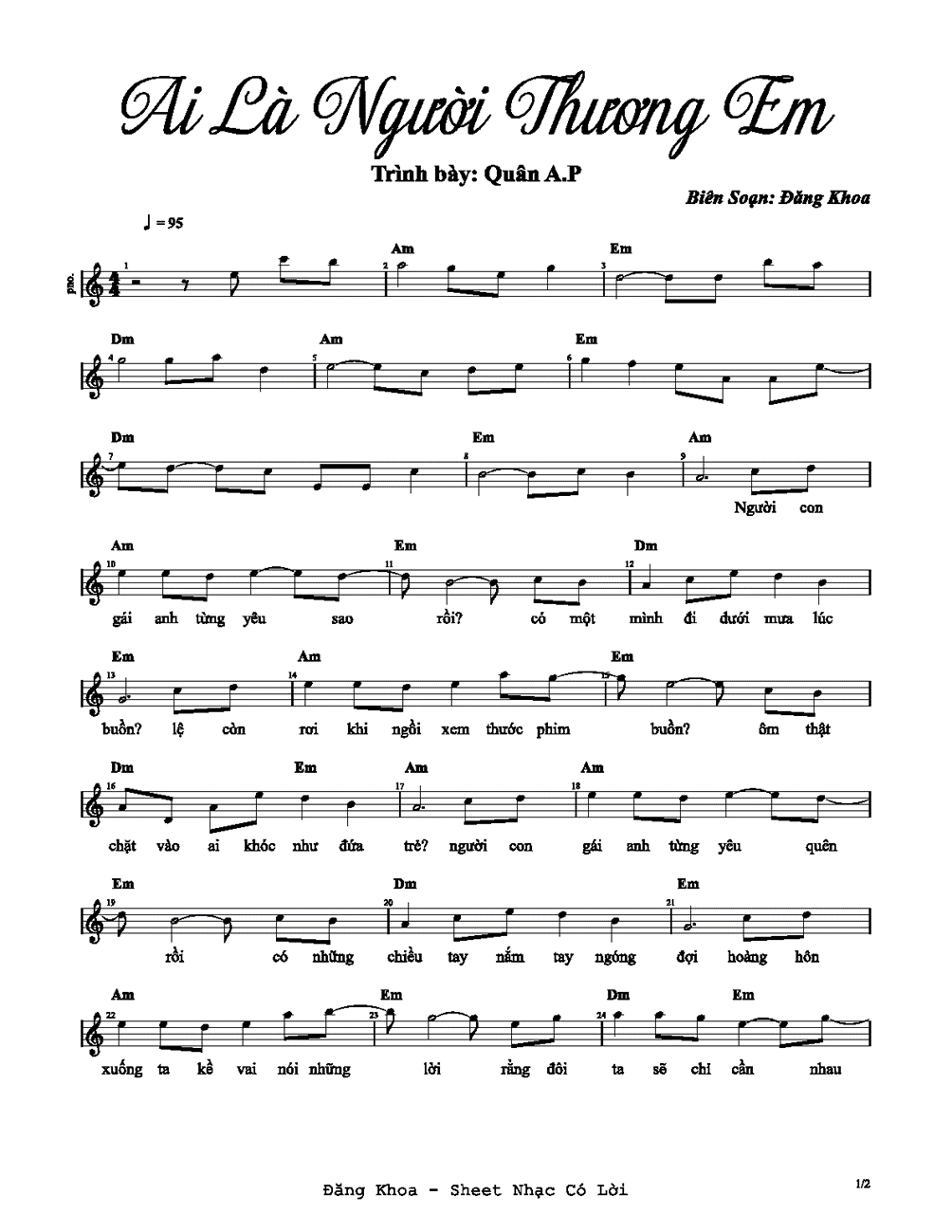 Ai là người thương em (lời bài hát, lyric chính xác nhất)