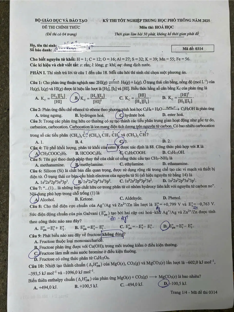 Đề thi chính thức Hóa học Tốt nghiệp THPT năm 2025