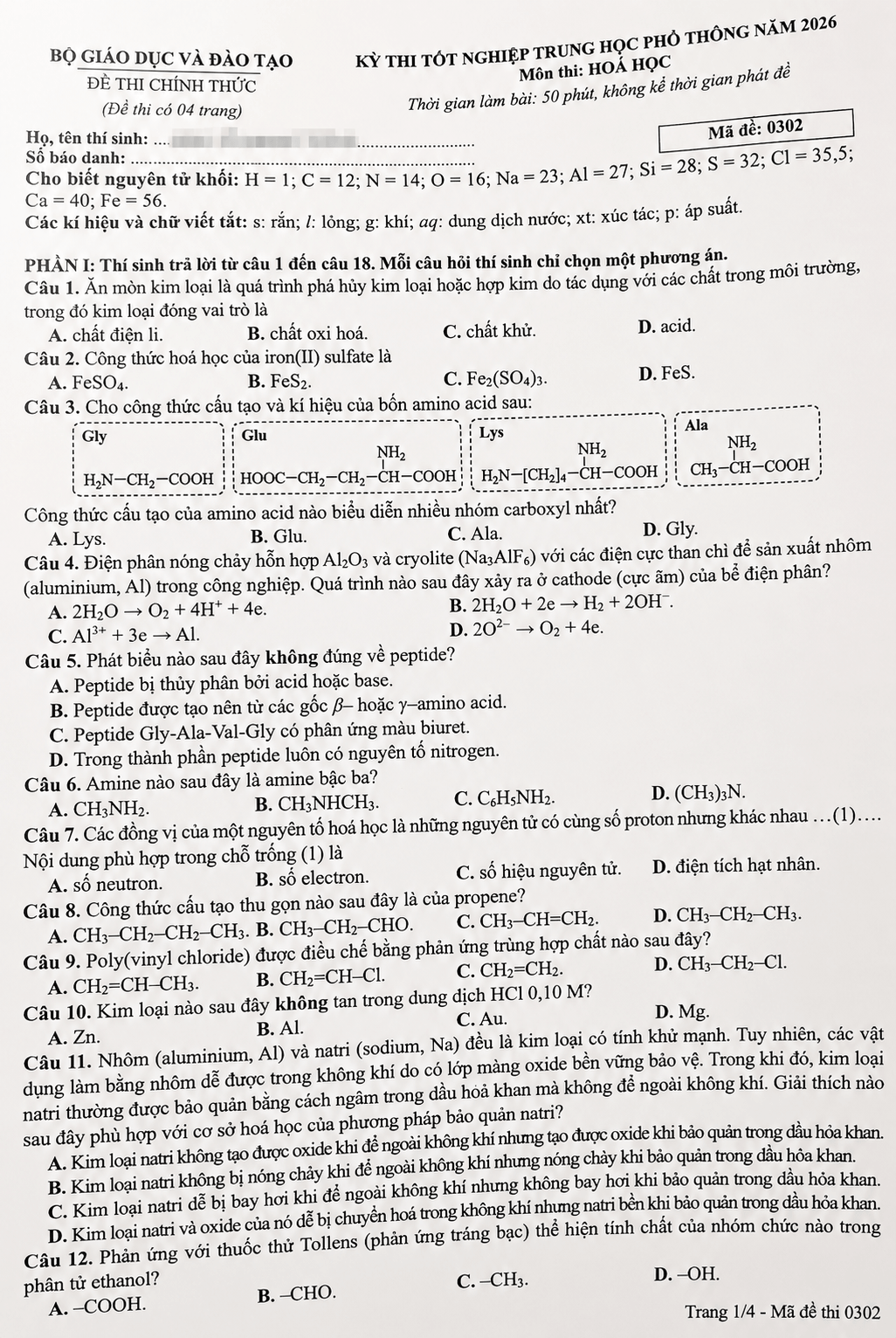 Đề chính thức Hóa học Tốt nghiệp THPT 2026 (có đáp án)