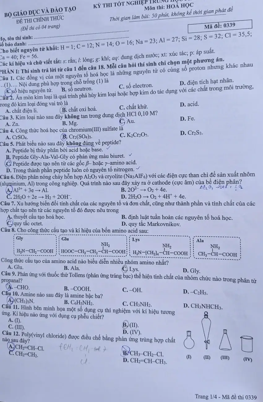 Đề chính thức Hóa học Tốt nghiệp THPT 2026 (có đáp án)