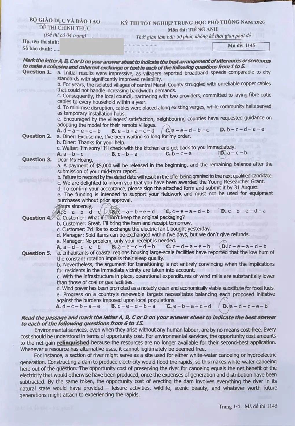 Đề chính thức Tiếng Anh Tốt nghiệp THPT 2026 (có đáp án)