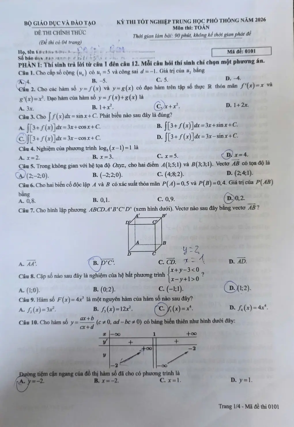 Đề chính thức Toán Tốt nghiệp THPT 2026 (có đáp án)