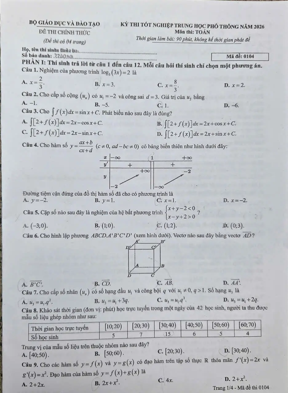 Đề chính thức Toán Tốt nghiệp THPT 2026 (có đáp án)