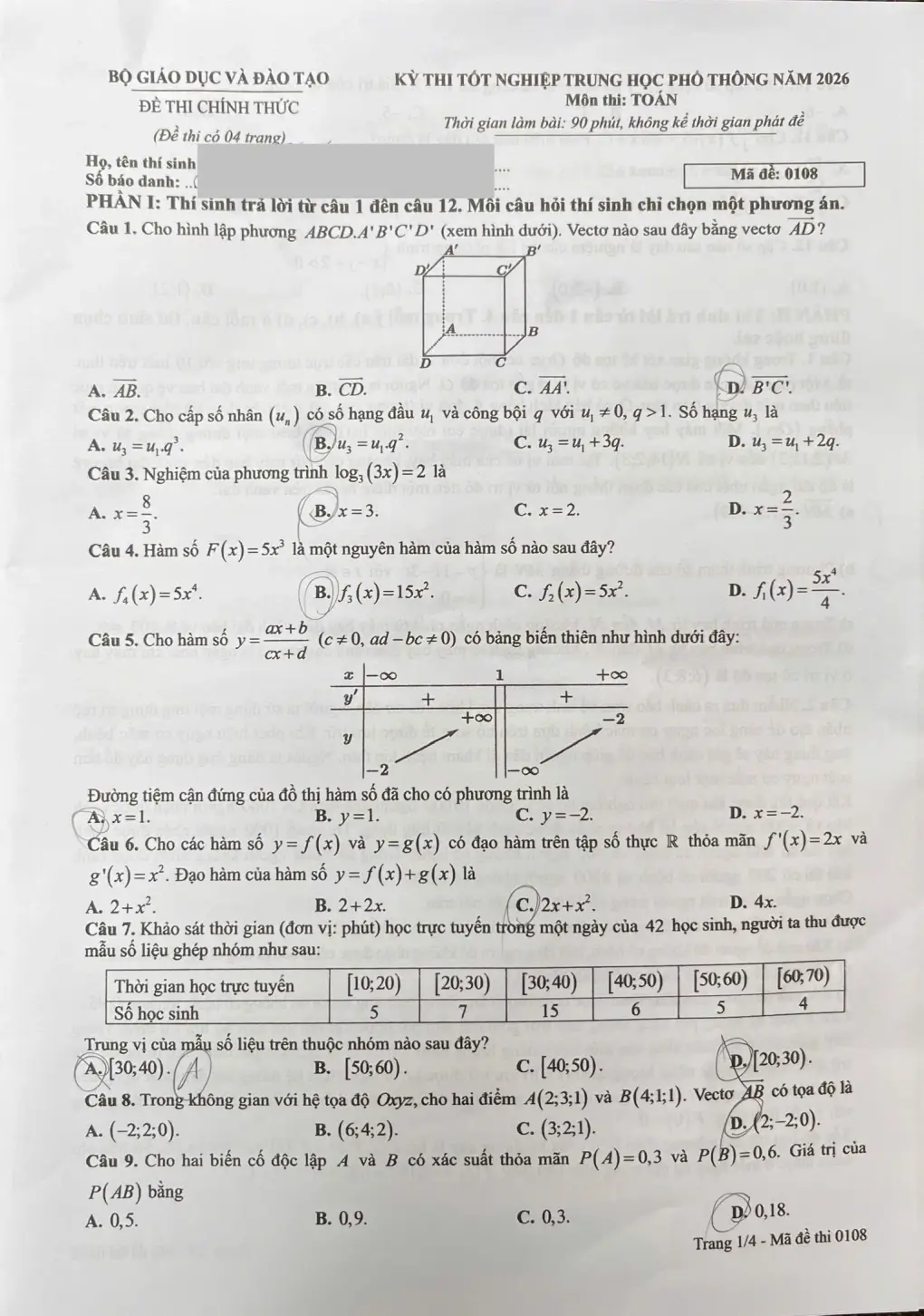 Đề chính thức Toán Tốt nghiệp THPT 2026 (có đáp án)