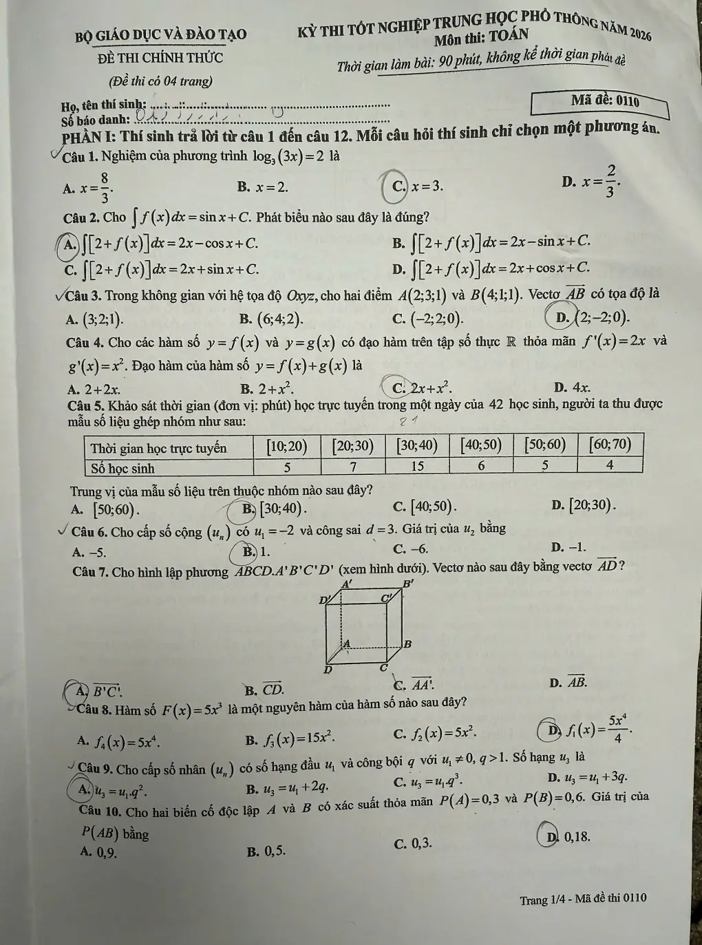Đề chính thức Toán Tốt nghiệp THPT 2026 (có đáp án)