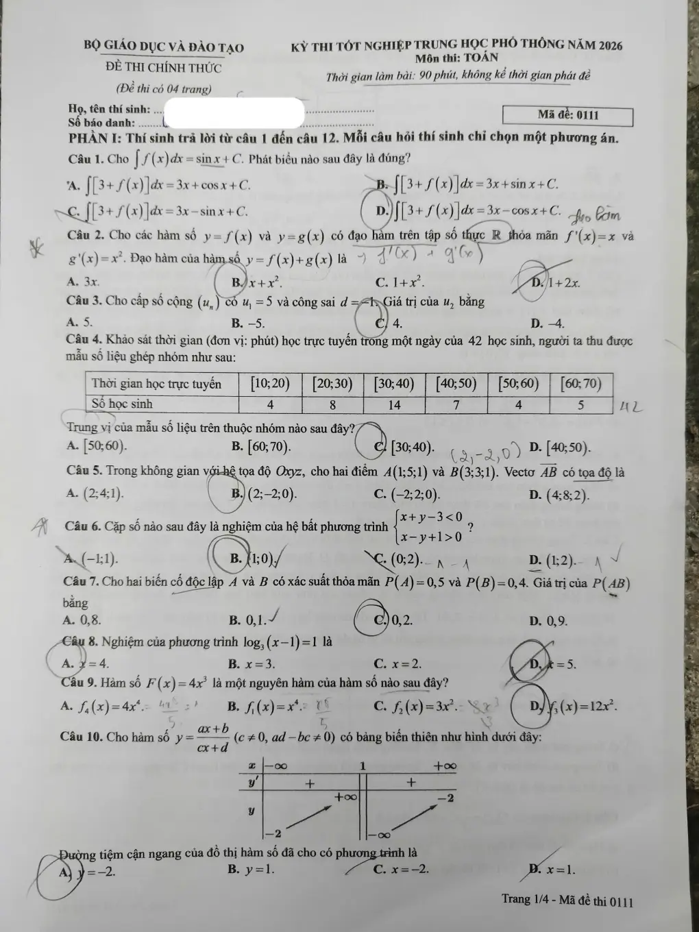 Đề chính thức Toán Tốt nghiệp THPT 2026 (có đáp án)