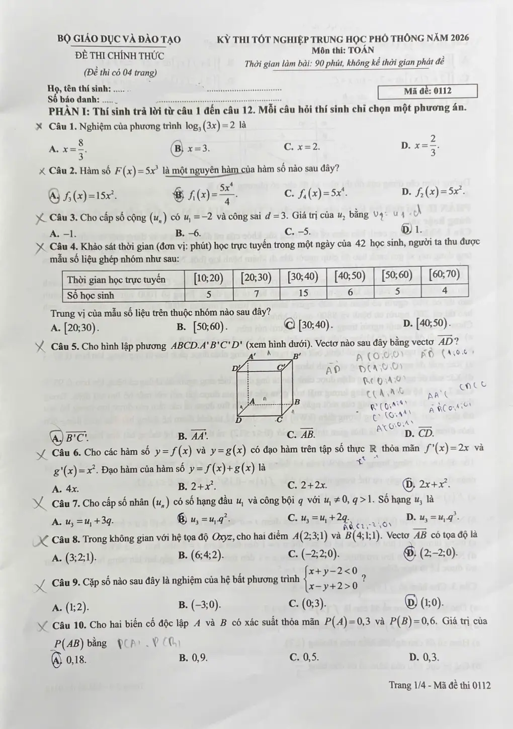 Đề chính thức Toán Tốt nghiệp THPT 2026 (có đáp án)