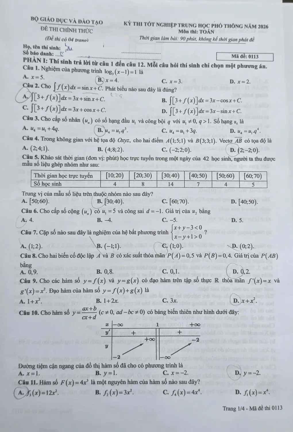 Đề chính thức Toán Tốt nghiệp THPT 2026 (có đáp án)