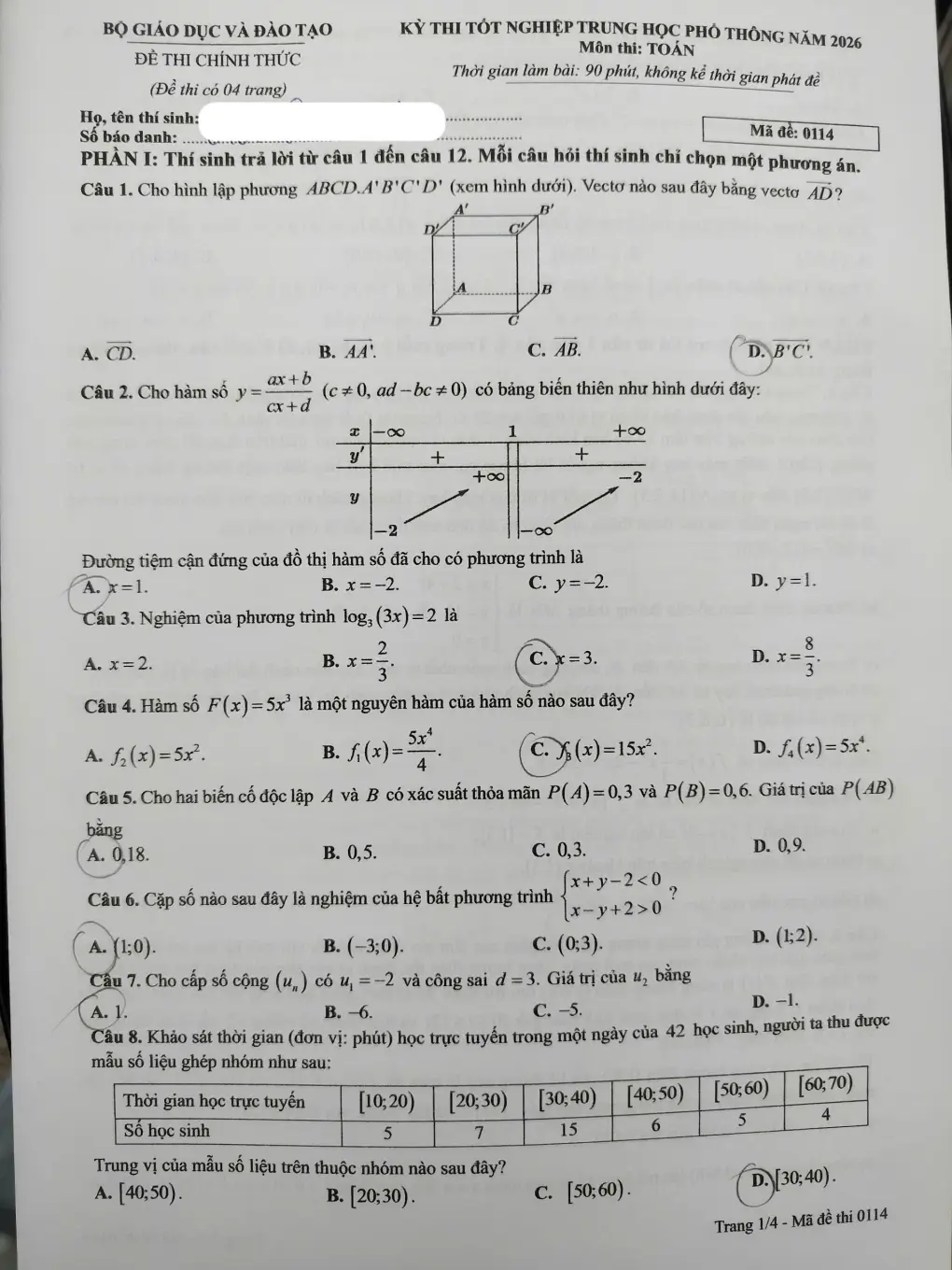 Đề chính thức Toán Tốt nghiệp THPT 2026 (có đáp án)