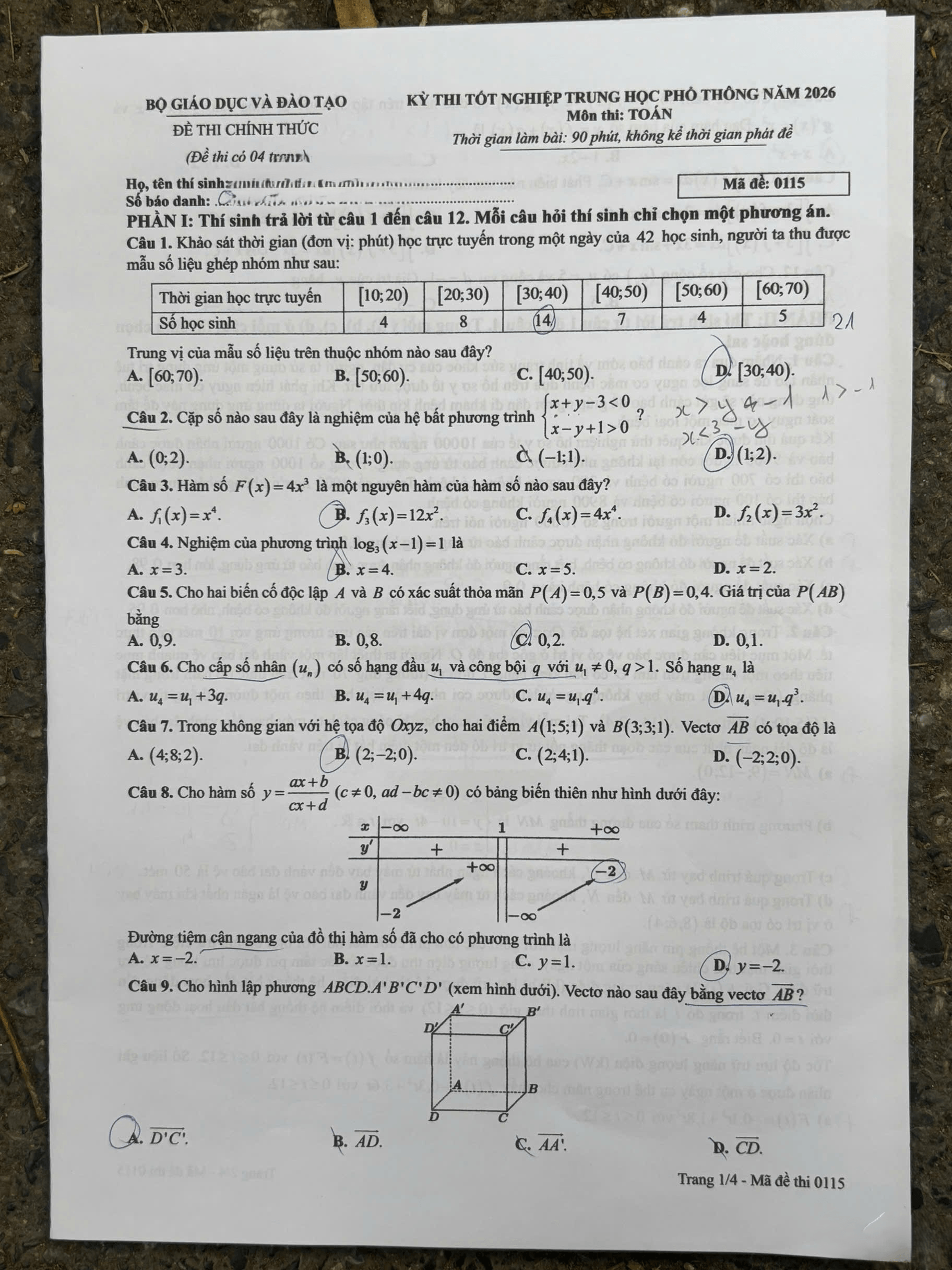 Đề chính thức Toán Tốt nghiệp THPT 2026 (có đáp án)