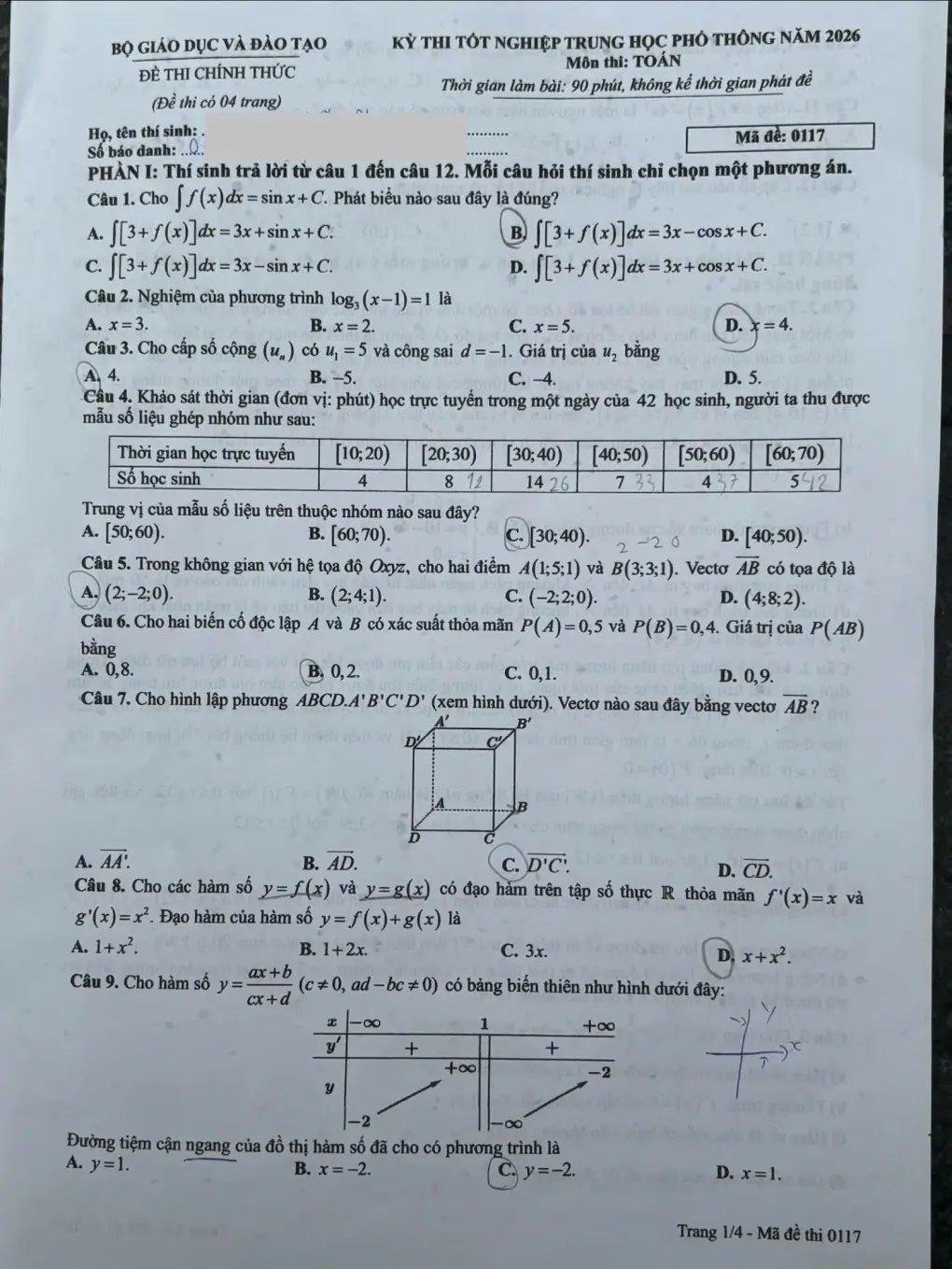 Đề chính thức Toán Tốt nghiệp THPT 2026 (có đáp án)