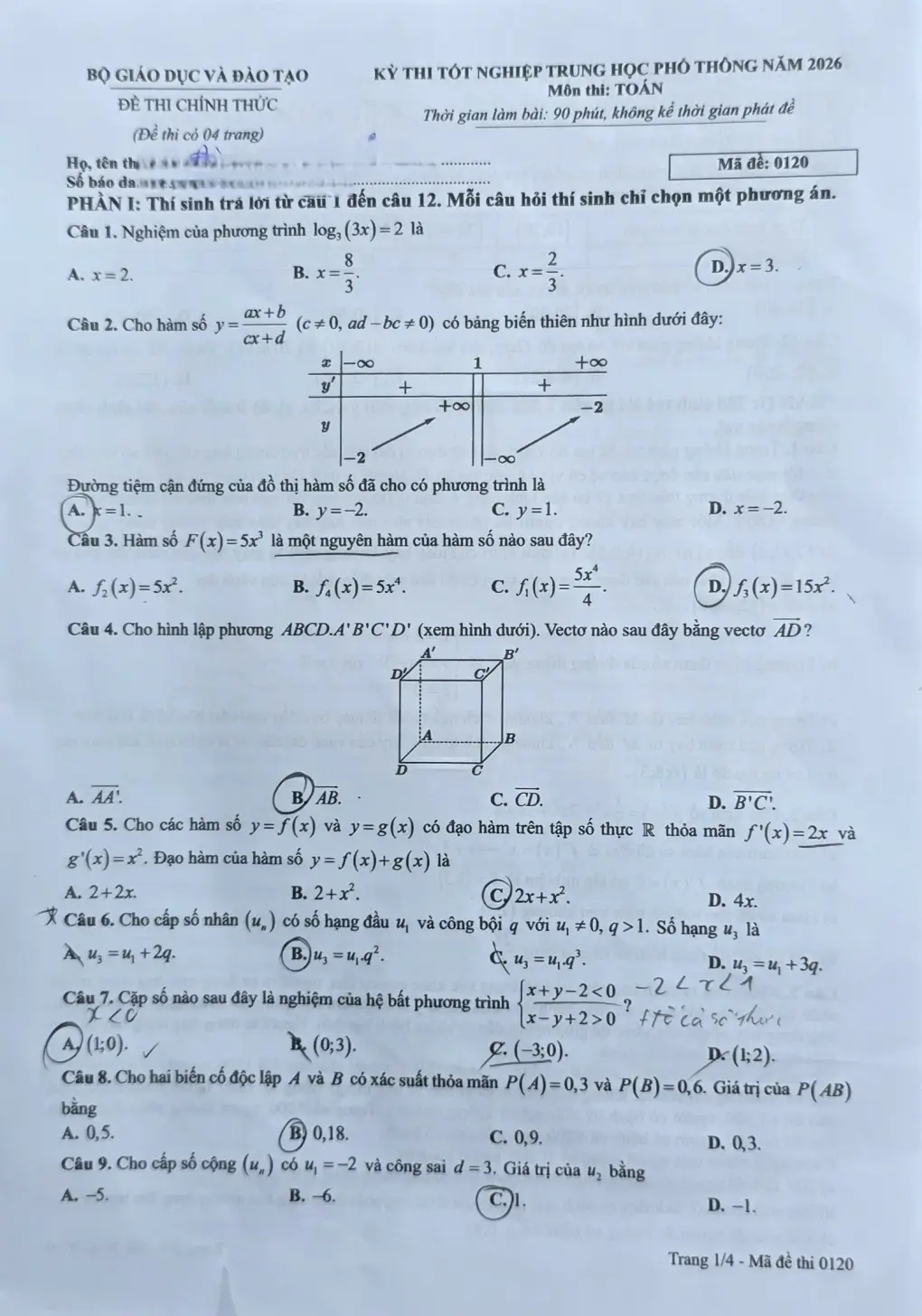 Đề chính thức Toán Tốt nghiệp THPT 2026 (có đáp án)