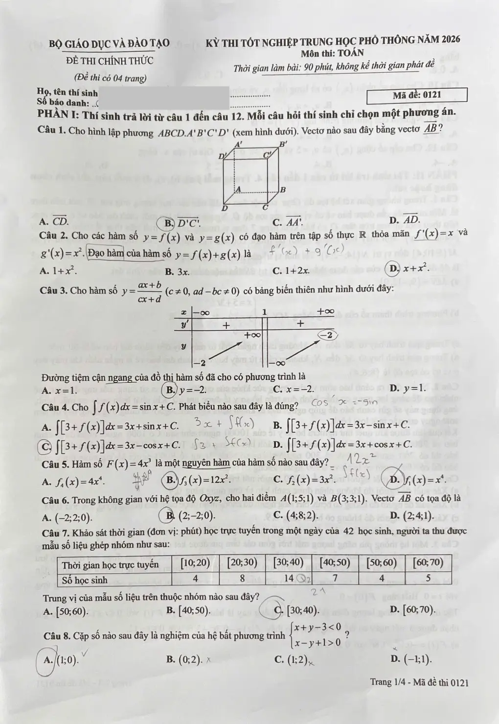 Đề chính thức Toán Tốt nghiệp THPT 2026 (có đáp án)