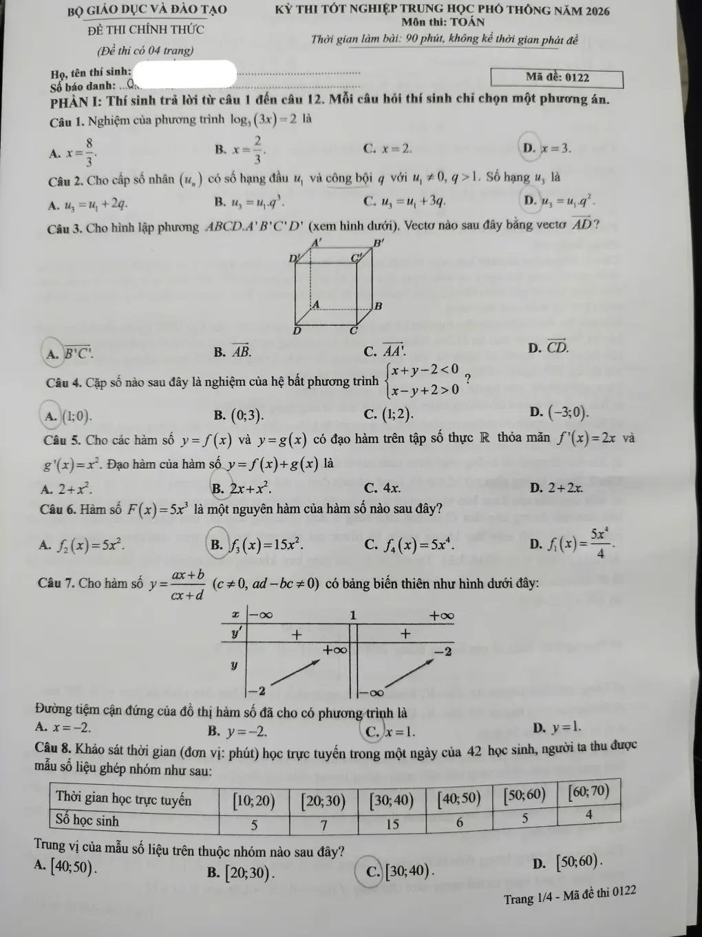 Đề chính thức Toán Tốt nghiệp THPT 2026 (có đáp án)