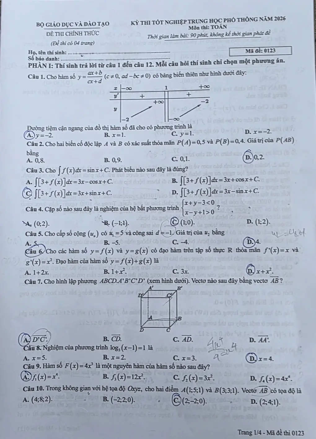 Đề chính thức Toán Tốt nghiệp THPT 2026 (có đáp án)