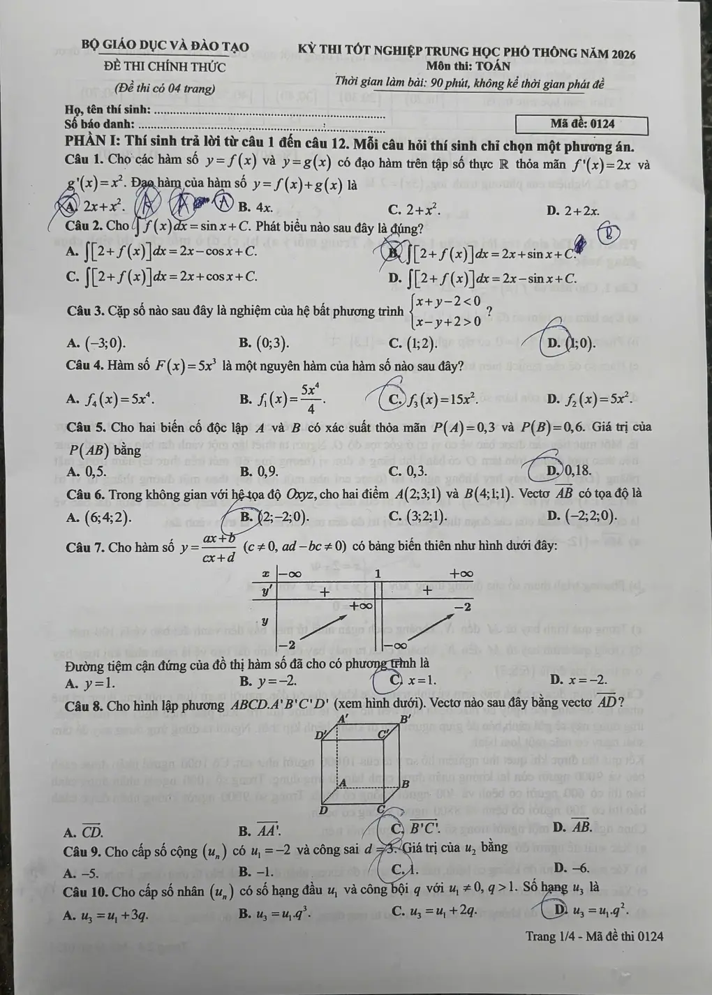 Đề chính thức Toán Tốt nghiệp THPT 2026 (có đáp án)