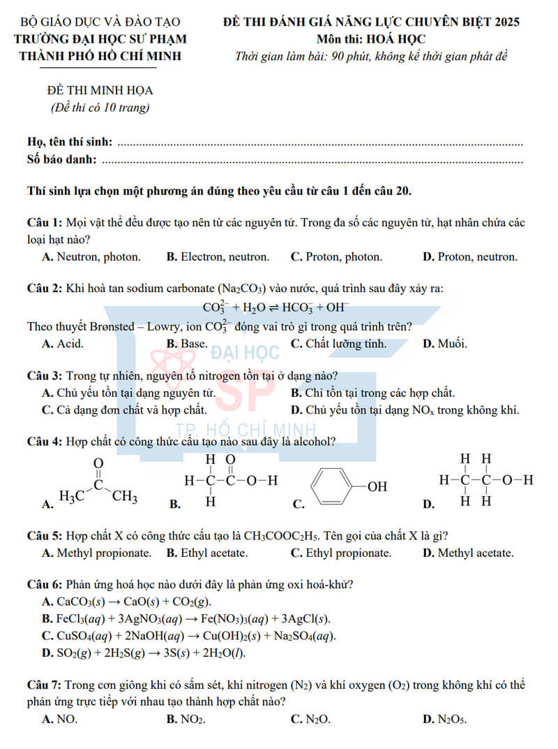 Đề minh họa Hóa học ĐGNL Đại học Sư phạm Tp.HCM 2025