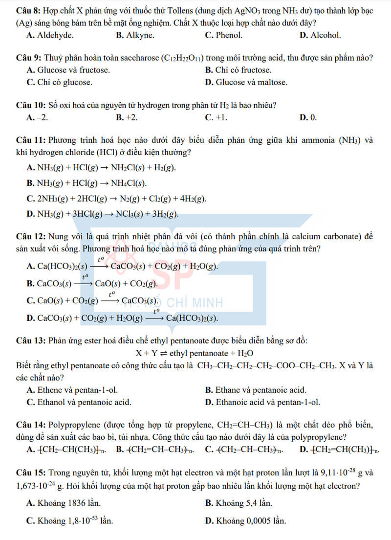 Đề minh họa Hóa học ĐGNL Đại học Sư phạm Tp.HCM 2025