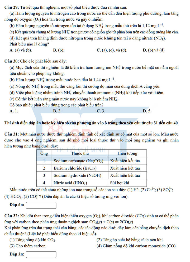 Đề minh họa Hóa học ĐGNL Đại học Sư phạm Tp.HCM 2025