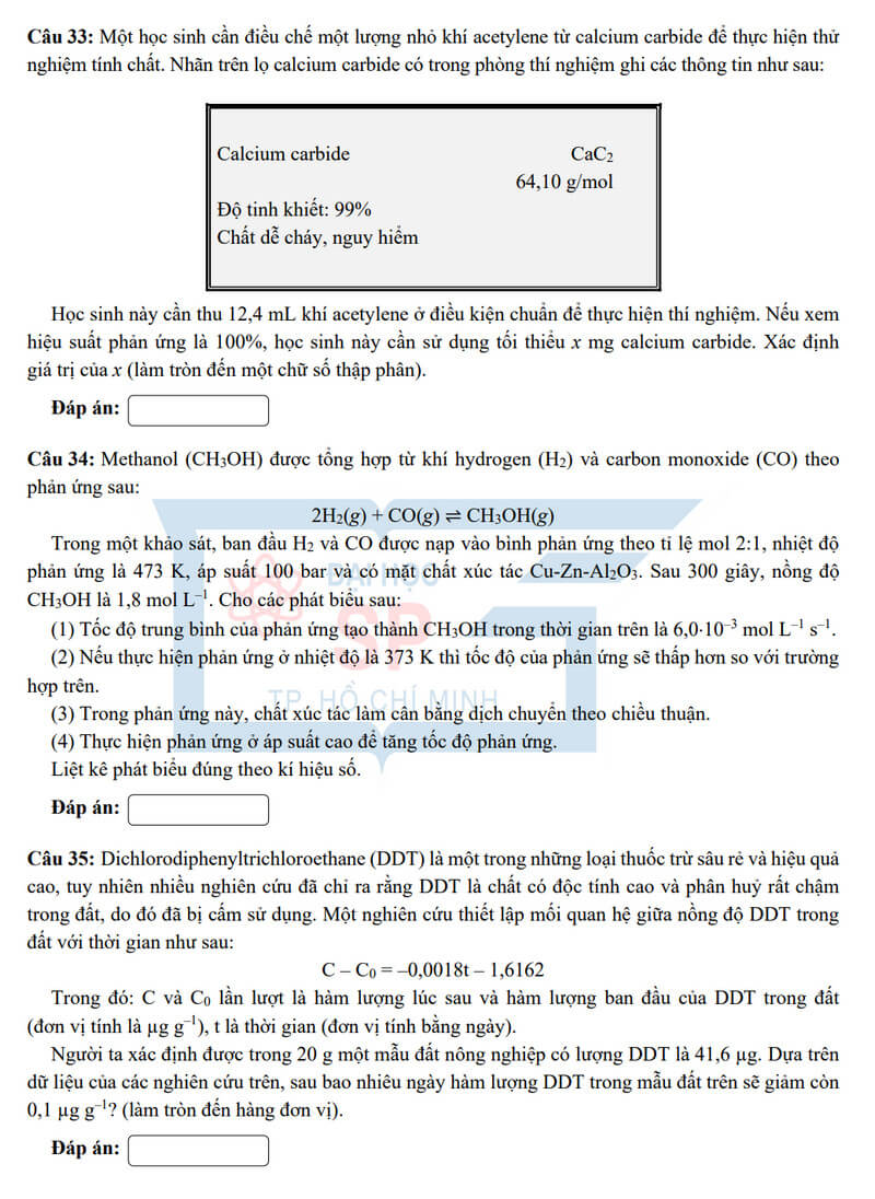 Đề minh họa Hóa học ĐGNL Đại học Sư phạm Tp.HCM 2025