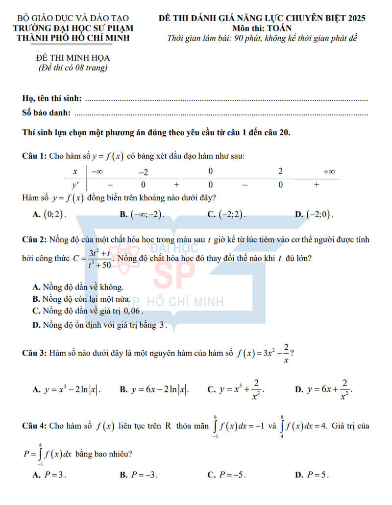 Đề minh họa Toán ĐGNL Đại học Sư phạm Tp.HCM 2025