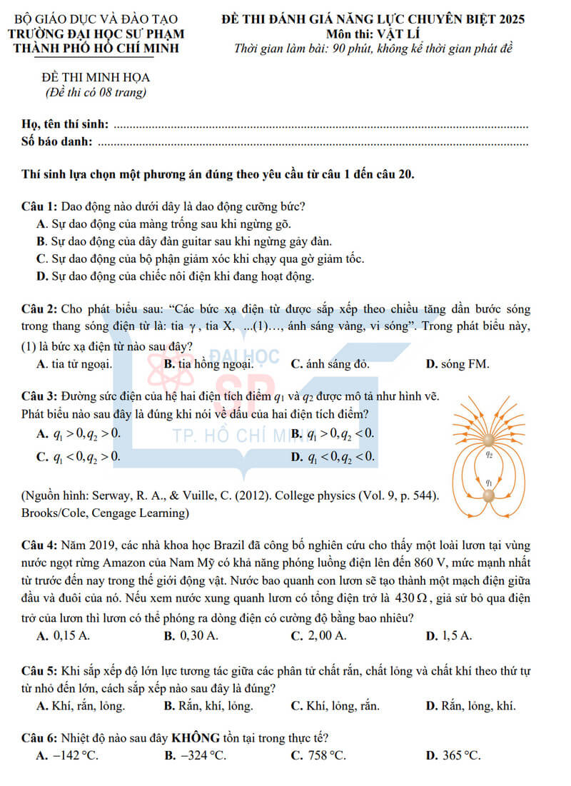 Đề minh họa Vật lí ĐGNL Đại học Sư phạm Tp.HCM 2025