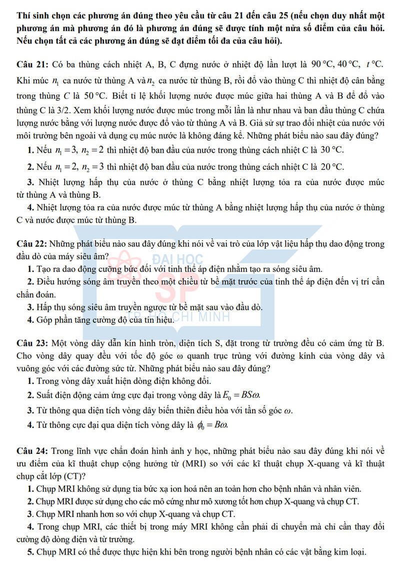 Đề minh họa Vật lí ĐGNL Đại học Sư phạm Tp.HCM 2025