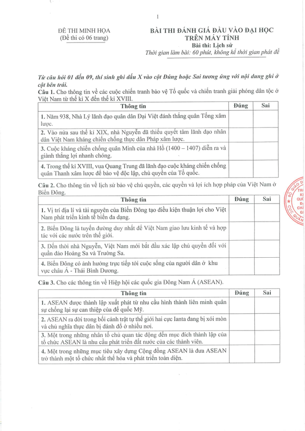 Đề minh họa V-SAT Lịch Sử năm 2025