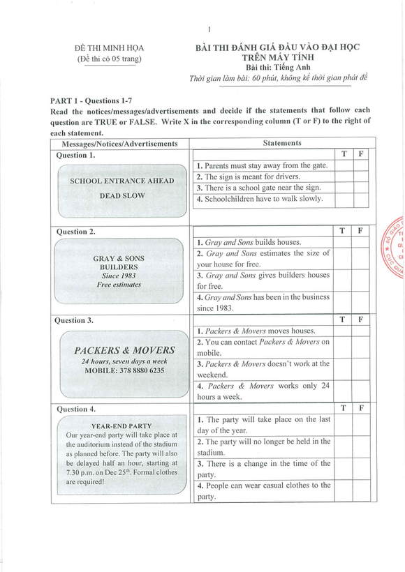 Đề minh họa V-SAT Tiếng Anh năm 2025