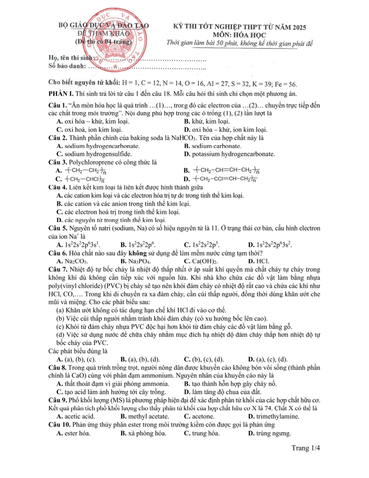Đề tham khảo Tốt nghiệp THPT Hóa học năm 2025
