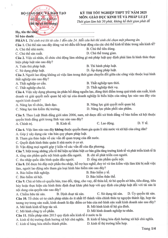 Đề tham khảo Tốt nghiệp THPT Giáo dục Kinh tế và pháp luật năm 2025