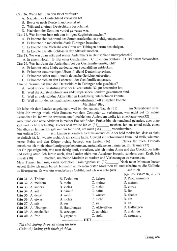 Đề tham khảo Tốt nghiệp THPT Tiếng Đức năm 2025