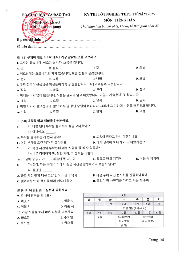 Đề tham khảo Tốt nghiệp THPT Tiếng Hàn năm 2025