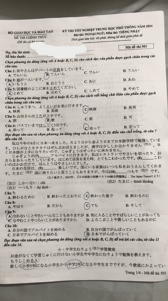 (Chính thức) Đề thi tốt nghiệp THPT tiếng Nhật năm 2024 (có đáp án)