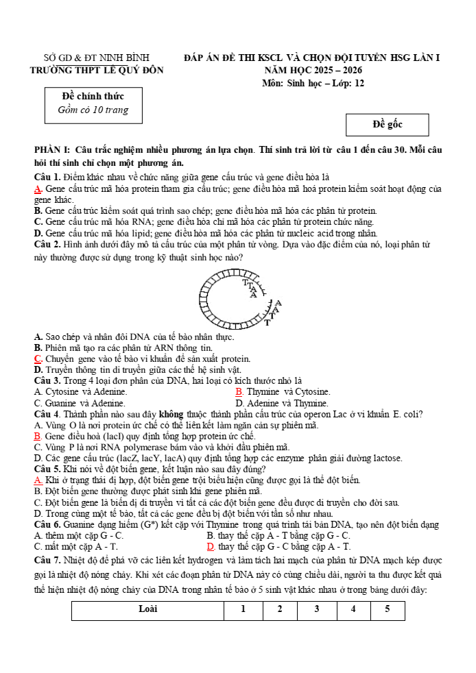 Đề thi học sinh giỏi Sinh học 12 trường THPT Lê Quý Đôn (Ninh Bình) năm 2025-2026