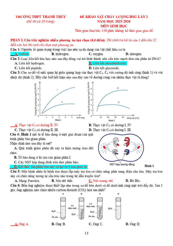 Đề thi học sinh giỏi Sinh học 12 trường THPT Thanh Thủy (Phú Thọ) năm 2025-2026