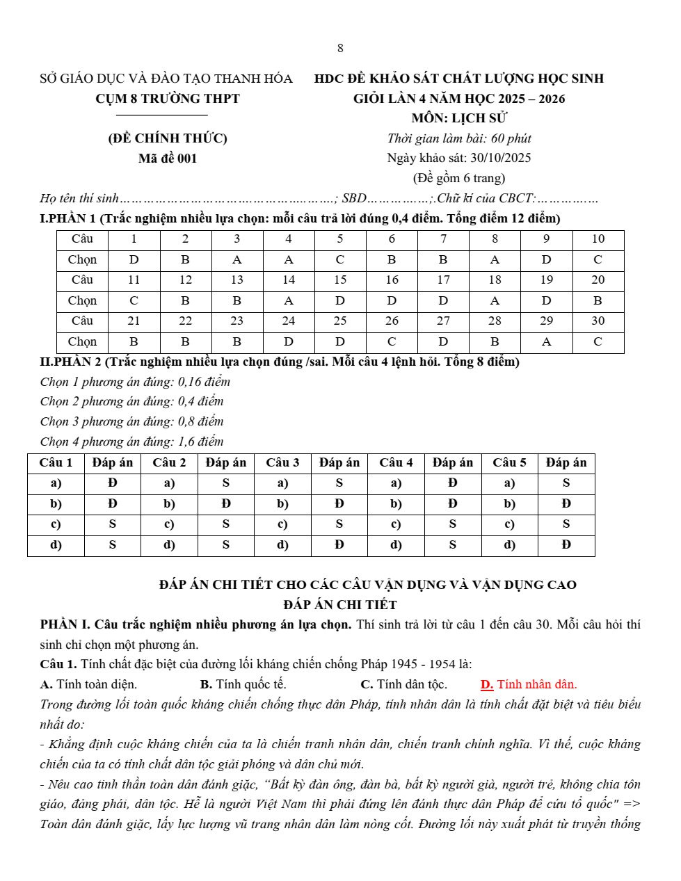 Đề thi học sinh giỏi Lịch Sử 12 Cụm 8 trường THPT (Thanh Hóa) năm 2025-2026